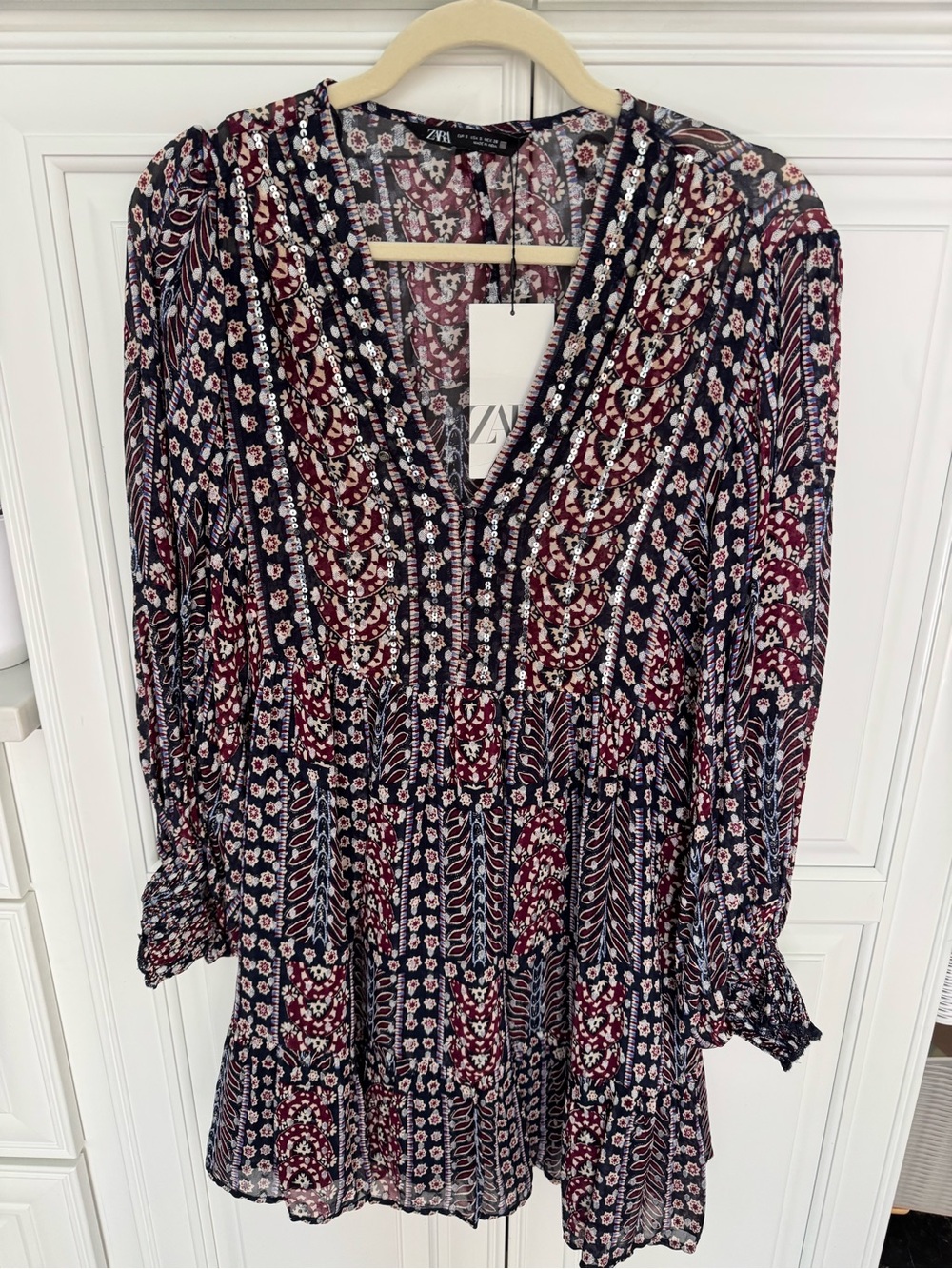 Zara Navy and Burgundy Floral Long Sleeve Mini Dress
